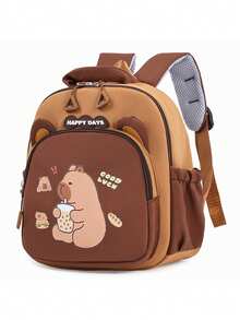 Cute Capybara Pattern Backpack - Fashionable Backpack With Adjustable Shoulder Straps, Brown Cartoon Design, Ideal For Casual Outings, Playful Design | Spacious Compartments - Brown - View 2