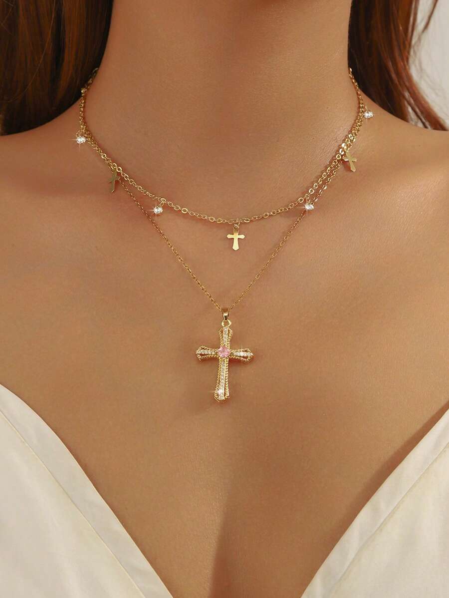 Set de 2 piezas Collar con colgante de cruz con rhinestones de moda, cadena de clavícula estilo punk con piedras de circonia brillantes, adecuado para uso diario, fiestas y festivales de mujeres [Cantidad aleatoria de piedras de circonia en la cadena del cuello]
