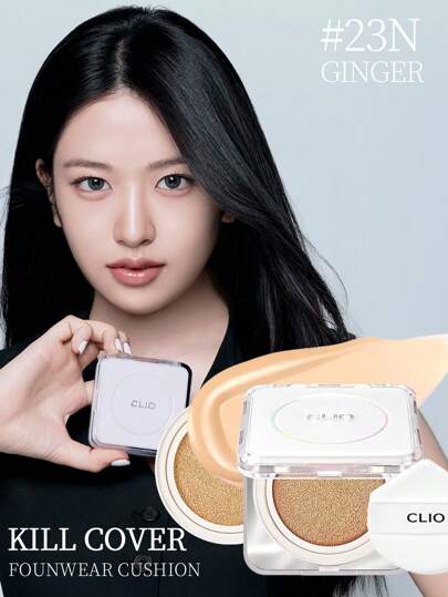Clio Fundación en Cushion KILL COVER FOUNWEAR de K-Beauty, 15g*2 [Recambio incluido], FPS50+ PA++++, para piel mixta seca y grasa, cobertura completa, de larga duración, acabado natural semi mate, ajuste a la piel, sin sensación de maquillaje, de larga duración, ligero, cobertura construible, maquillaje coreano