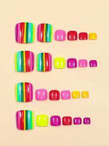 24 sztuki Summer Rainbow Stripe Fake Nail Art Short Square Toe Press On Nails Set