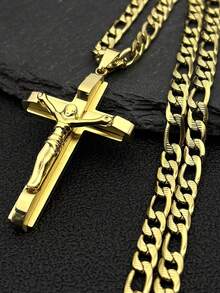 Jesus Cross Necklace For Men Stainless Steel Religious Catholic Crucifix Cuban Chain Layered Necklaces - Necklace - View 7