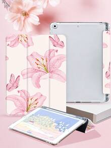 Pink Lily & Butterfly Pattern Tablet Protective Case, Compatible With IPad 9.7/10.2/10.5/10.9/12.9/Pro 11 (10th Gen), Galaxy Tab S6 Lite 10.4", Kindle Paperwhite (12th Gen, 2024), Kindle (11th Gen, 2022), Soft Shock-Proof Protection, Smart Stand/Auto Wake/Sleep Function - Multicolor - View 4
