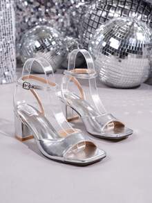 Women's Low Vamp V-Strap Chunky Heel Sandals, Fashion Simple Versatile Party Style Leather Squared Toe Silver High Heel Sandals, Suitable For Party, Commute, Comfortable Sandals - Silver - View 5