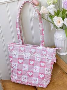 1 件大容量购物手提袋，带蕾丝装饰，可爱花朵和蝴蝶结图案单肩包，时尚绗缝设计手提包，轻便拉链手提包，女士旅行单肩包，带内袋，时尚双手柄钱包，适合购物、旅行、通勤、办公室、外出和学校，休闲购物袋，女童书包单肩包