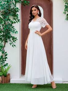 Elasola Women's Wedding Dress A-Line V-Neck Lace Chiffon Dress, Valentine's Day White Spring - White - View 4