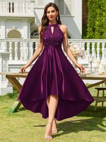 MIUSOL Halter Neck Sequin Floral Lace Contrast Satin High-Low Hem Evening Party Long Dress, Formal Evening Gown, Prom Dress, For Wedding Guest, Graduation, Dinner