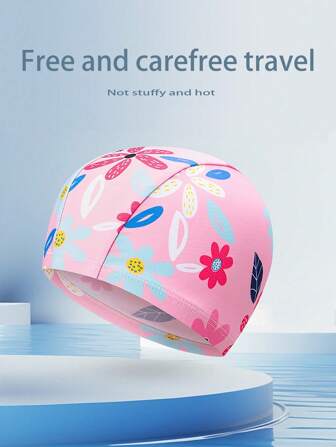 1 stuk roze comfortabele cartoon print patroon elastische tiener badmuts comfortabele niet-aanspannende stoffen muts lang haar gehoorbescherming hoed zwembad badmuts