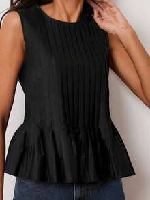 Womens Peplum Babydoll Tops Cute Pleated Sleeveless Ruffle Strap T Shirts Tank Summer Tops - 黑色 - 查看 4