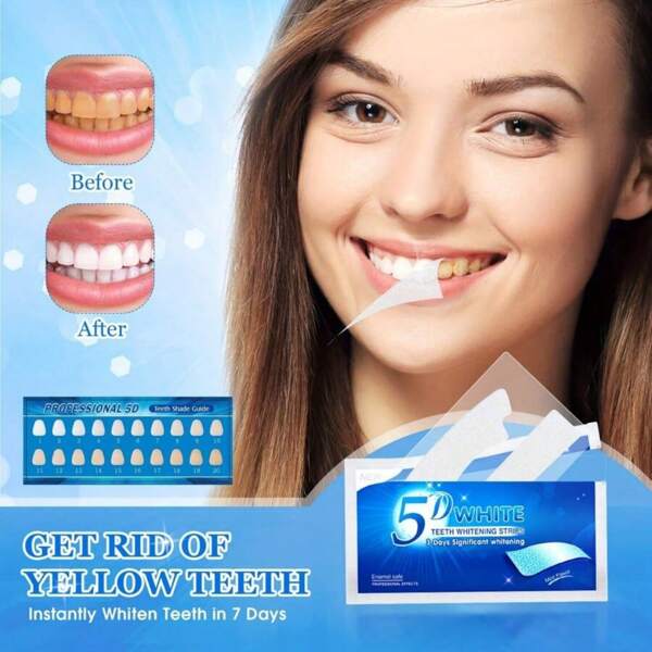 Set da 7 strisce sbiancanti per i denti trasparenti 5D, facili da usare, ipoallergenici, adatti per l'uso quotidiano