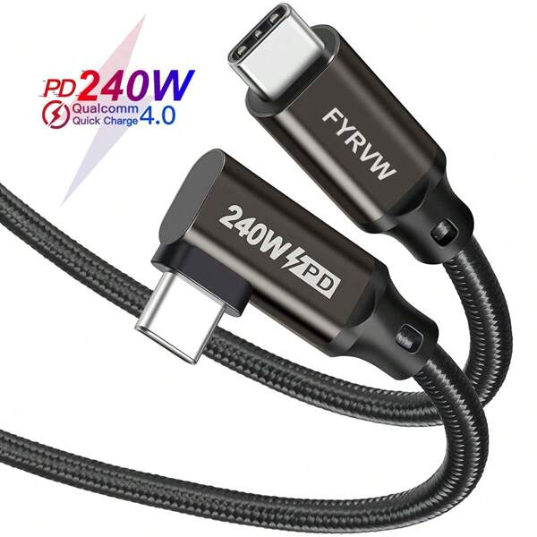 Cable en ángulo PD3.1 USB C de 240W, cable trenzado de nailon de carga rápida tipo C a tipo C de 240W, compatible con carga rápida QC5.0 QC4.0, compatible con iPhone 15, Huawe, Samsun, Xiaom, VOOC, Warp, compatible con iPhone 16, 16 Pro Max, 15, 15 Plus, 15 Pro, 15 Pro Max, compatible con Redmi, compatible con cargador OnePlus
