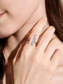 1件春季/独家设计，高端仿珍珠女士精致铜质微镶嵌锆石开口戒指，适合节日/派对/商务/校园/日常佩戴，欧洲/圣诞节冬季圣诞礼物 - 銀色 - 查看 4