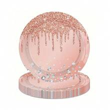 10/20/50pcs,Disposable Rose Gold Tableware Set -Party Plates, Napkins,Cups For Birthday Party Decoration,Rose Gold Birthday Party Supplies Disposable Paper Plates Glitter Diamonds Napkins And Cups For Women Birthday Anniversary Wedding Party Decorations Supplies - Multicolor - View 7