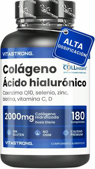 Vitastrong Colágeno y ácido hialurónico 180 comprimidos, colágeno hidrolizado 2000 mg COLLinstant Quality, suplemento de colágeno para piel, huesos y articulaciones.