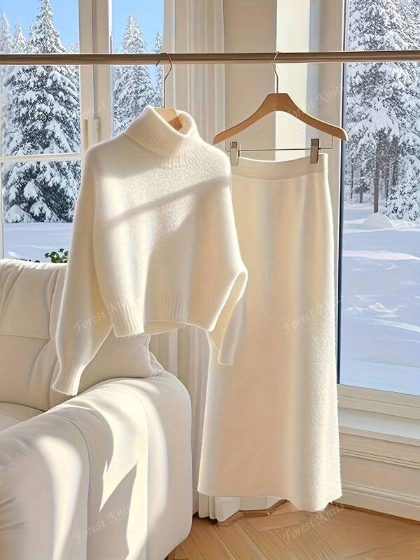 Damen Lässig Strick Pullover & Maxirock Set, Rollkragenpullover und Maxirock Kombination, einfarbig, Herbst/Winter