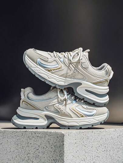 新款休闲百搭男士厚底运动鞋，复古拼接设计，系带低帮透气轻便户外运动鞋，适合所有季节