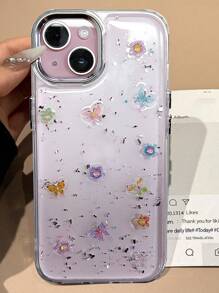 Cute Sequins Epoxy Colorful Butterfly Flower Clear Phone Case Compatible With IPhone 16 15 14 13 12 11 Pro Max Floral Stylish Shockproof Bumper Back Cover