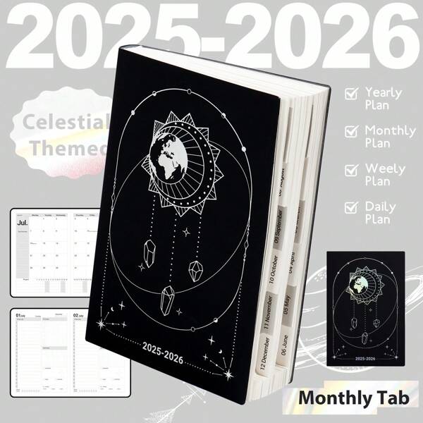 1pc 2025-2026 Planner Notebook, 204 Sheets / 408 Pages Monthly&Weekly Schedules A5 Leather Cover Diary Journal 80GSM Agenda School&Office Supplies Stationery Back To School