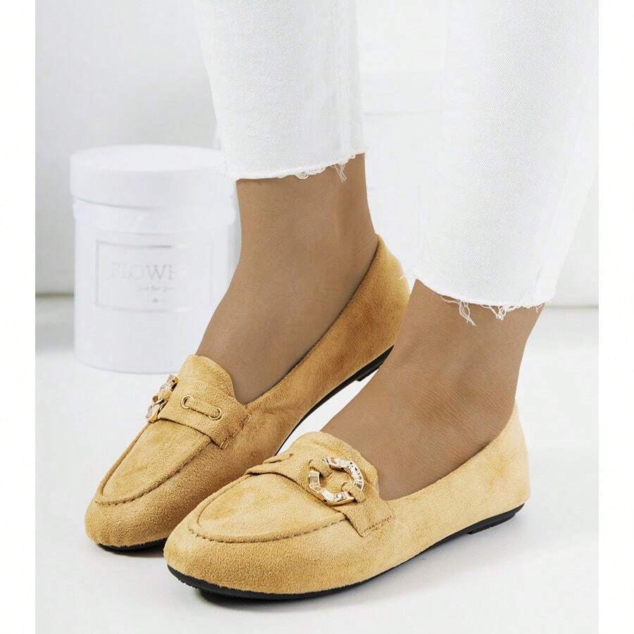 女士金属装饰时尚平底乐福鞋，百搭