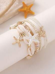 4pcs/Set Bohemian Style Starfish, Dolphin, Shell & Bead Decor Stacking Bracelets, Cute Ocean Themed Bracelet Set Suitable For Women, Beach, Casual, Holiday Wear