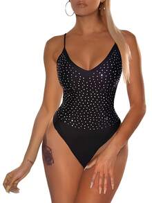 Women's Sleeveless Backless Rhinestone Knitted Fabric Cami Bodysuit Sexy Party Look - 黑色 - 查看 1