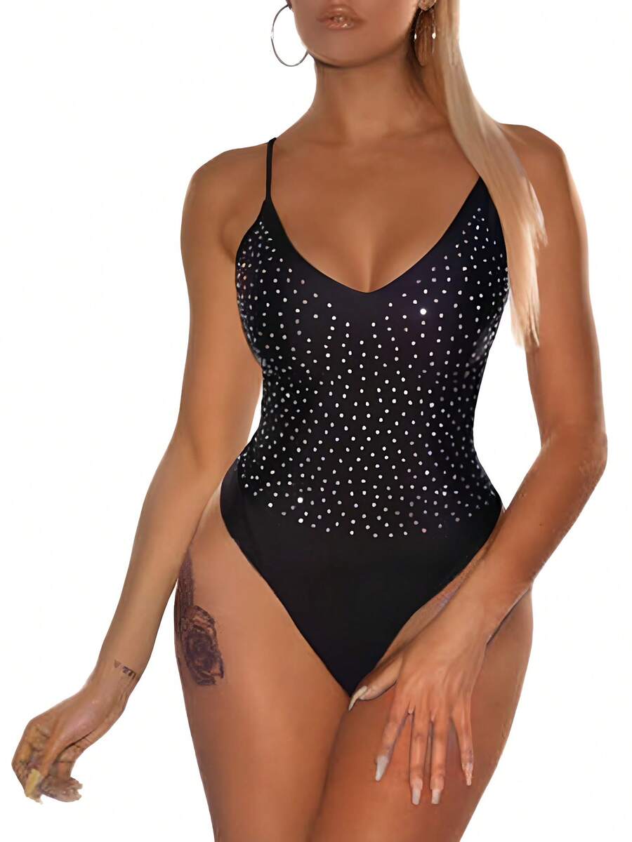 Women's Sleeveless Backless Rhinestone Knitted Fabric Cami Bodysuit Sexy Party Look - 黑色 - 查看 1