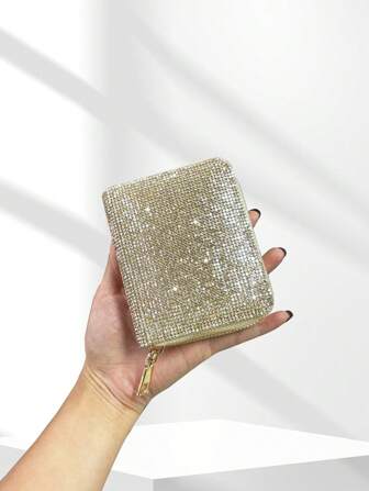 水钻装饰 PU 短款钱包 卡包 迷你拉链钱包 二合一女包 欧美流行 INS 女孩皮革派对零钱包 信用卡槽 女士迷你钱包 钱包 钱包 男士钱包 真皮小钱包 可爱钱包