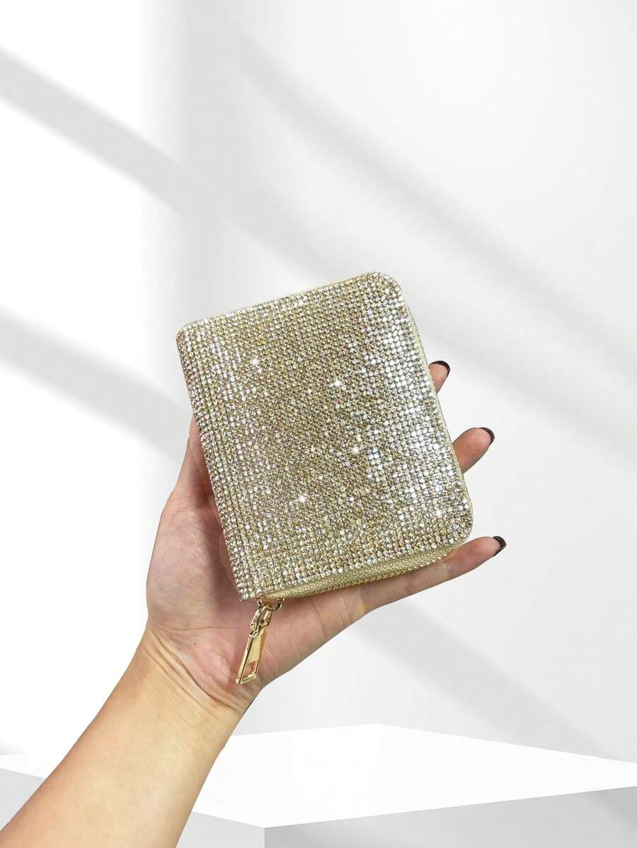 Rhinestone Decor PU Short Wallet Card Holder Mini Zipper Wallet 2 In 1 Women's Bag European And American Popular INS Girl Leather Party Coin Purse Credit Card Slots Mini Wallet For Ladies Wallet Purse Wallet Men Wallet Leather Small Wallet Cute Wallet