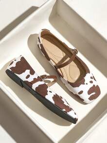 Giày Mary Jane họa tiết bò cho nữ, giày bệt mũi vuông cổ thấp thường ngày, phong cách ngoài trời mùa hè - màu nâu - Xem 4