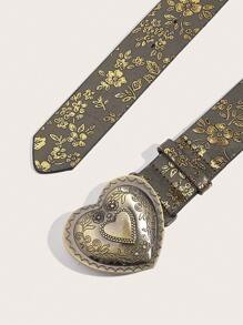 1pc Women's Retro Palace Style Heart-Shaped Metal Buckle Floral Embossed Waist Belt, Suitable For Everyday Wear