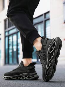 Pure Black 3D Scale Textured Knit Upper Men's Casual Shoes, Personalized Wave Hollow Thick Sole Lace-Up Street Style Chunky Sneakers - Black - View 8