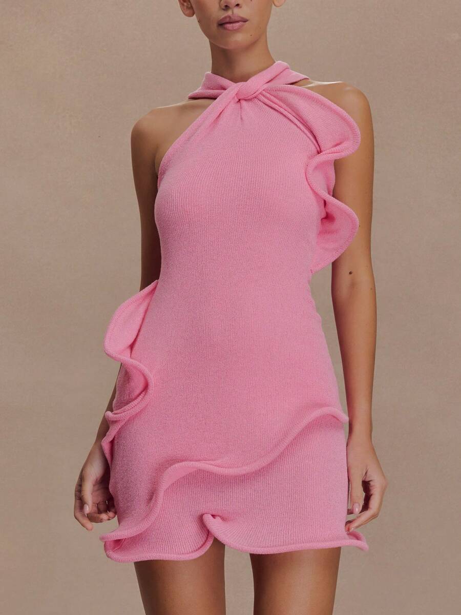 Women's Mini Bodycon Halter Dress Slim Fit Ruffled Trim Sleeveless Knitted Mini Dresses - Pink - View 1