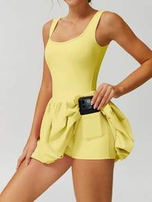 NcmRyu 1 件女士时尚瑜伽、跑步、网球、匹克球、高尔夫健身训练运动连衣裙 - 黃色 - 查看 5