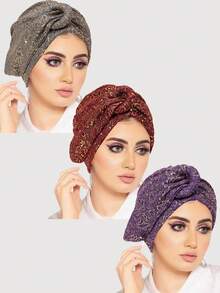 1pc Women Sparkling Crinkle Twist Headwrap Turban Hat With Gold Snap Button