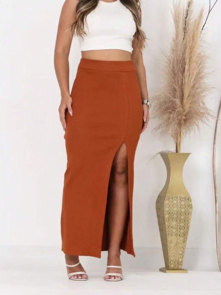 Long Skirt With Ribbed Slit - Camel - Ver 1