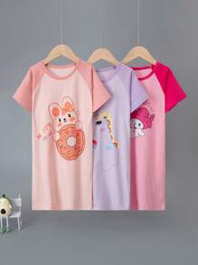 3 piezas Camisones de algodón para niñas, vestidos de pijama con estampado de dibujos animados lindos, pijamas livianos de ropa de casa para verano