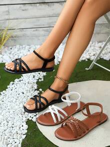 Giày sandal đế bằng cho nữ, Giày hở mũi phong cách La Mã mùa hè, quai đan hở lưng, Giày mùa hè thoải mái, Thích hợp để mặc hàng ngày, Thiết kế hở mũi thời trang, Thoáng khí tốt, Dép sandal thường ngày đa năng, Phù hợp với mọi trang phục. Dép sandal đen, trắng, nâu - màu đen - Xem 8
