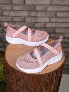 1 Pair Girls' Breathable Mesh Slip-On Athletic Shoes, Elastic Strap Decor, Soft Uppers, Suitable For Outdoor Activities In Spring & Summer - Watermelon Pink - View 5