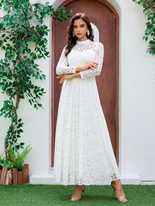 Vestido de Noiva Feminino de Renda com Mangas Longas, Gola Alta, Costas Abertas, Balanço Longo até o Chão, Vestido de Festa Elegante