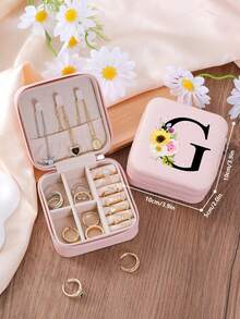 1 件花卉首字母首饰盒、A-Z 字母旅行首饰盒、伴娘、结婚礼物、字母戒指盒、女士礼品盒、PU 皮革首饰盒（用于戒指、吊坠、耳环、项链等） - 女孩和女士礼品盒。