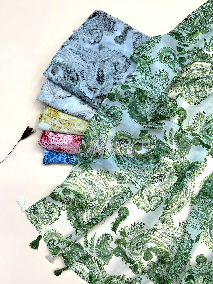 1件佩斯利花纹轻盈流苏披肩，优雅风格围巾，时尚女士真丝围巾，亮丽波点长款围巾，适合户外、海滩、春夏等多种场合。