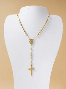 1pc 4mm Stainless Steel Floral Pattern Gold Virgin Mary Cross Rosary Necklace (Inlaid Artificial Diamonds), Lightweight Luxury Necklace For Women's Daily Wear