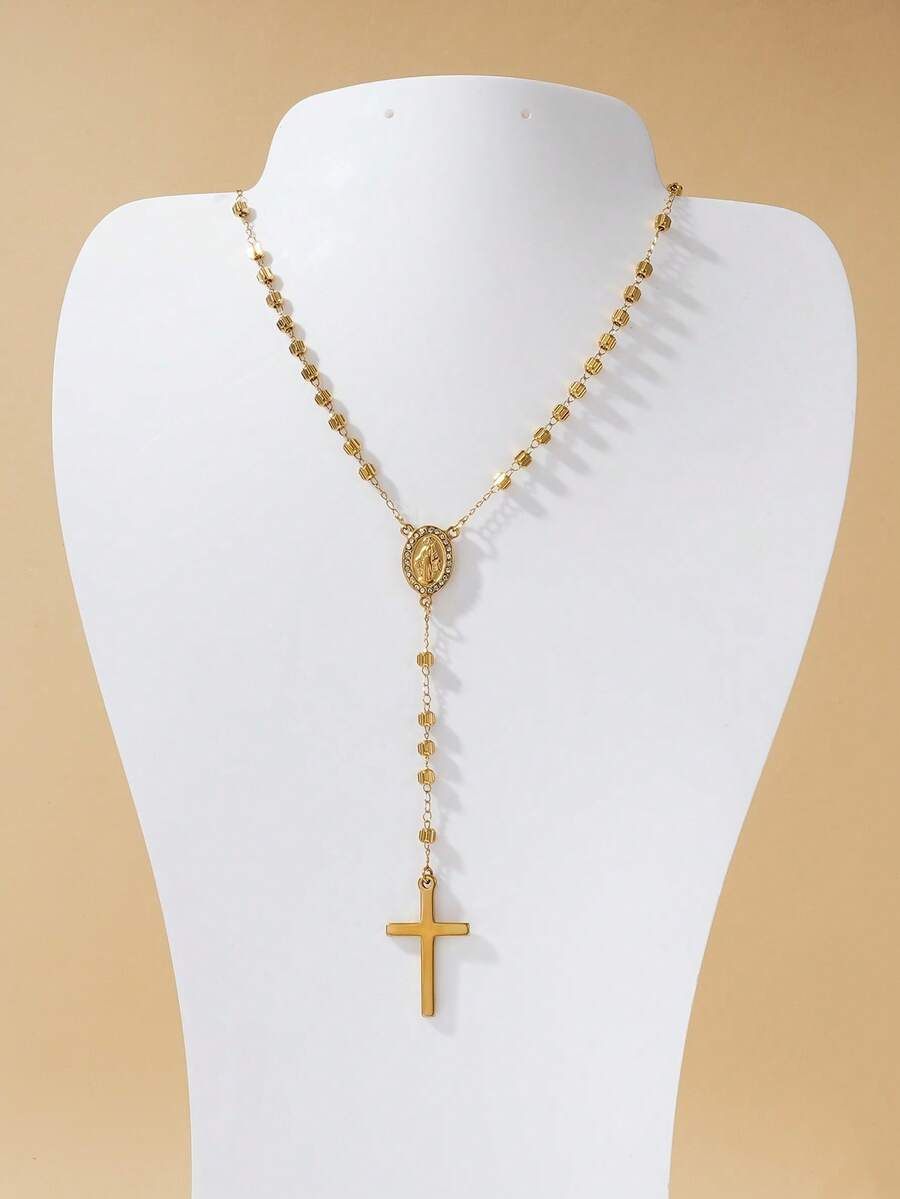 1pc 4mm Stainless Steel Floral Pattern Gold Virgin Mary Cross Rosary Necklace (Inlaid Artificial Diamonds), Lightweight Luxury Necklace For Women's Daily Wear