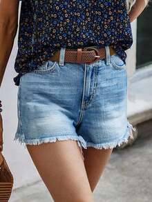 西部牛仔风夏季休闲修身直筒牛仔短裤，适合女性度假、海滩、乡村音乐节等场合 - 淺色水洗藍 - 查看 5