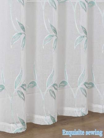 1pc Semi-Transparent White Curtain With Light Blue Embroidered Floral Pattern, Suitable For Bedroom, Living Room, Dining Room, Kitchen, Party