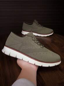 Men's Casual Sports Shoes, Simple Solid Color, Soft Sole, Mesh Breathable, Anti-Sweat, Extra Wide And Thick, Comfortable Lace-Up Socks Shoes, Outdoor Sport, Lightweight Casual Shoes, Plus Size 47, Loose Design, Spacious Toe Box, Absorbent, Comfortable Leisure Sports Sneakers - Khaki - View 1