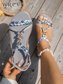 WRCVS 女士银色凉鞋，夏季编织鞋，轻便防滑沙滩鞋，随机花卉印花，手工串珠波西米亚风格度假鞋，户外复古鞋 - 銀色 - 查看 1