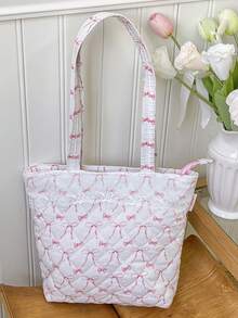 1 件大容量购物手提袋，带蕾丝装饰，可爱花朵和蝴蝶结图案单肩包，时尚绗缝设计手提包，轻便拉链手提包，女士旅行单肩包，带内袋，时尚双手柄钱包，适合购物、旅行、通勤、办公室、外出和学校，休闲购物袋，女童书包单肩包