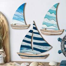 3 Pezzi di Quadri da Parete in Legno con Barca a Vela Blu per Decorazione Casa e Ufficio, Decorazione da Parete Stile Fattoria con Barca a Vela Carina per Casa, Soggiorno, Camera da Letto, Decorazioni Estive per Casa, Spiaggia
