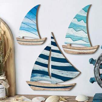 3 piezas de arte de pared de barcos de vela azules de madera para decoración del hogar y oficina, decoración de pared con barco de vela lindo al estilo granja para el hogar, sala de estar, dormitorio, decoraciones de verano y decoraciones de playa