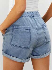女士轻薄夏季牛仔短裤，休闲宽松抽绳松紧腰，卷边裤脚，舒适度假牛仔短裤 - 炒花藍 - 查看 2